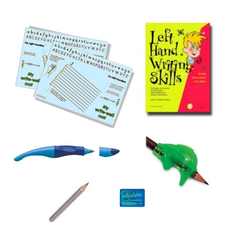 Handwriting Starter Pack 2 For Left-handed children. Includes Writewell Mat, Left Hand Writing Skills Book 2, Stabilo Easy Original Pen, Grotto Grip, Jumbo Triangular Pencil and 2 hole left-handed pencil sharpener.