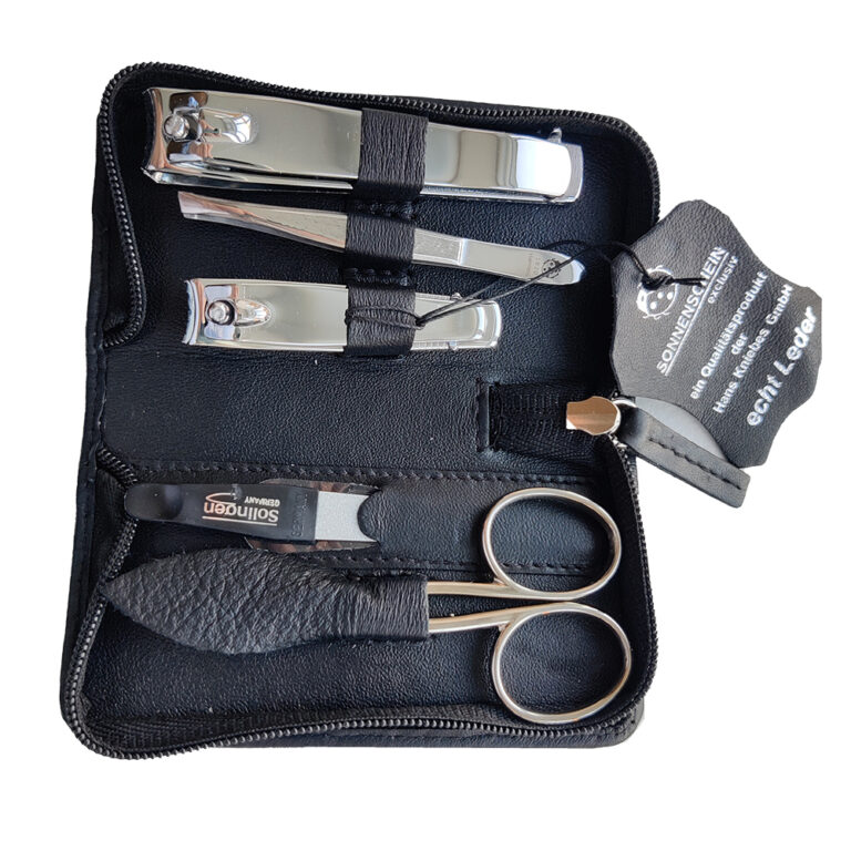 5 piece manicure set with nail scisosrs, nail, clipper, toe clipper, tweezers and nail file in black leather wallet